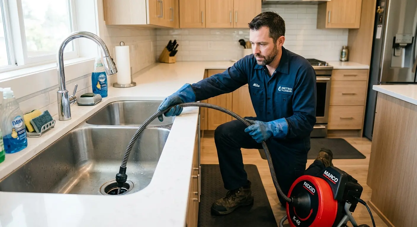 Drain cleaning technician using a motorized snake on a kitchen sink in South Haven