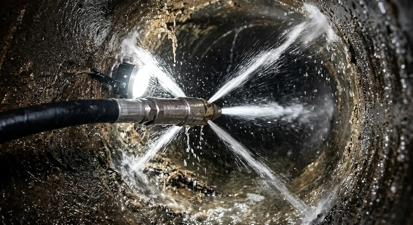 High-pressure hydro jetting nozzle cleaning sewer pipe for Trenchless Sewer Repair in South Haven