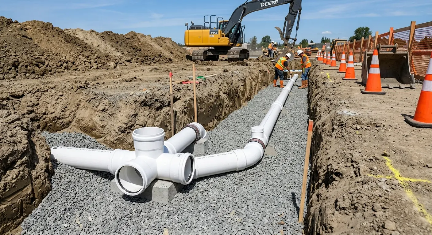 New PVC sewer pipe installation in open trench for Sewer Camera Inspection in South Haven