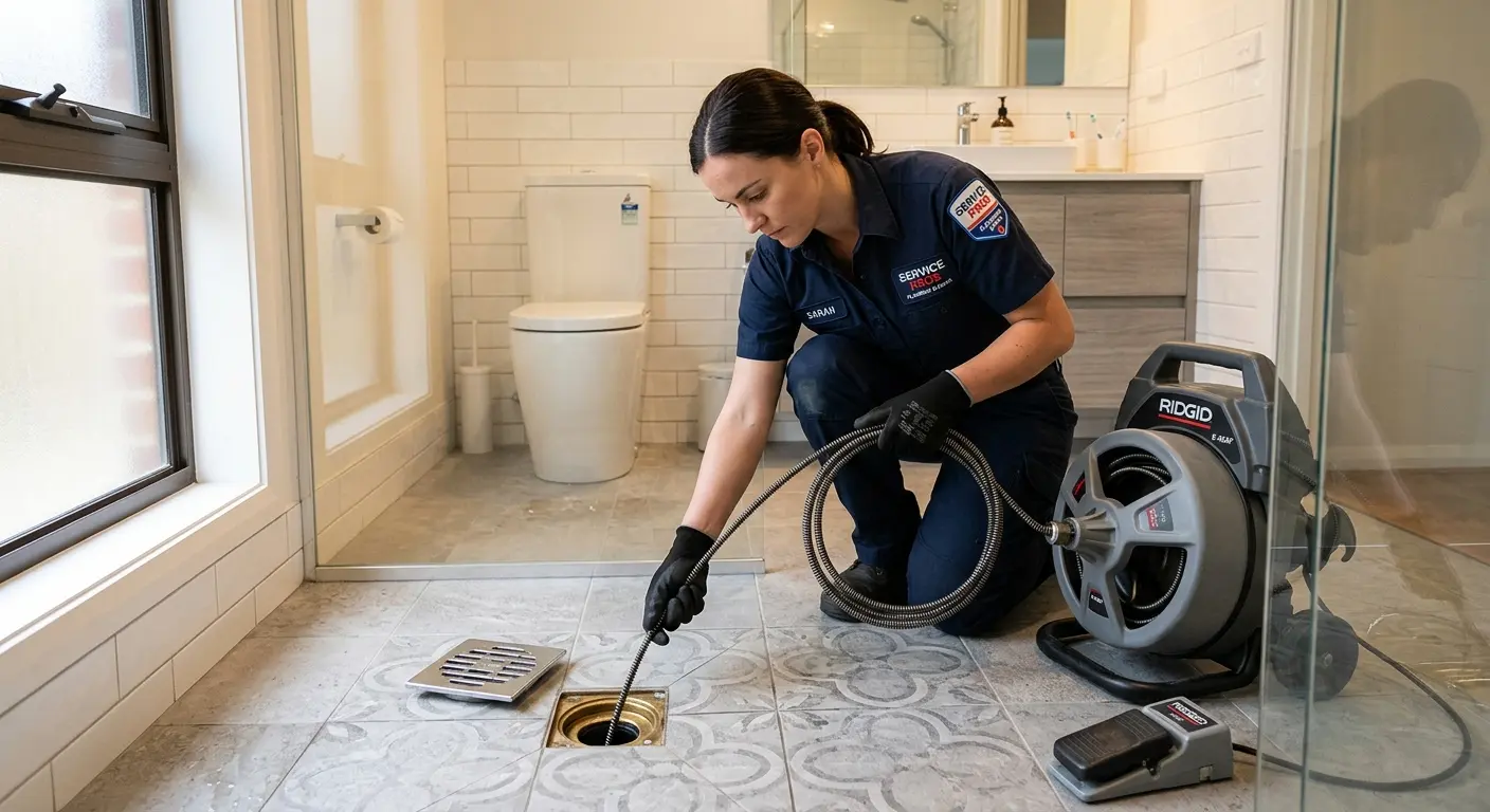 Technician clearing a bathroom floor drain for Hydro Jetting in South Haven